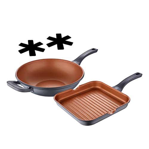 San Ignacio Bronze | Küchenset | Set mit Wok und Grillpfanne von 32 und 28 cm Durchmesser und 2 Schutzhüllen | Aus Aluminiumguss | Antihaftbeschichtete Bratpfannen | Für Alle Herdarten von San Ignacio