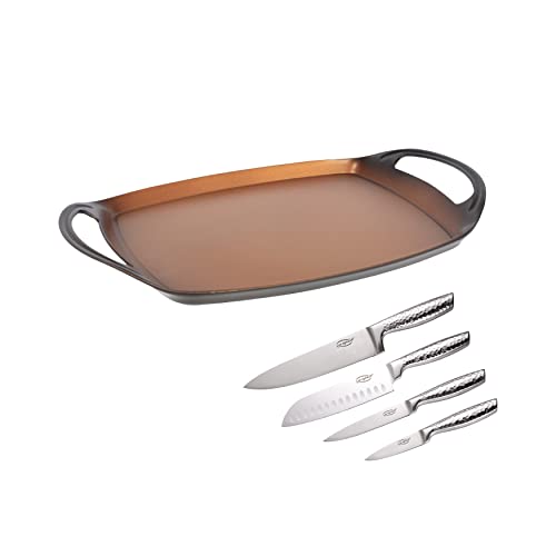 SAN IGNACIO Origen | 5-teiliges Set mit Antihaftbeschichtetem Grill 36 x 7,1 cm und 4 Messern aus Edelstahl | Aus Geschmiedetem Aluminium | Pfannen- und Messerset | Geeignet für Alle Herdarten von San Ignacio