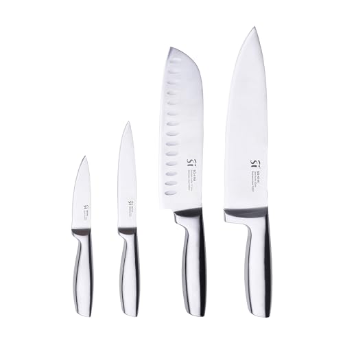 SAN IGNACIO Compact - 4-teiliges Messerset aus Edelstahl - 1 Kochmesser 20cm + 1 Santokumesser 17cm + 1 Allzweckmesser 12cm - 1 Gemüsemesser - Satinierte Klinge von San Ignacio
