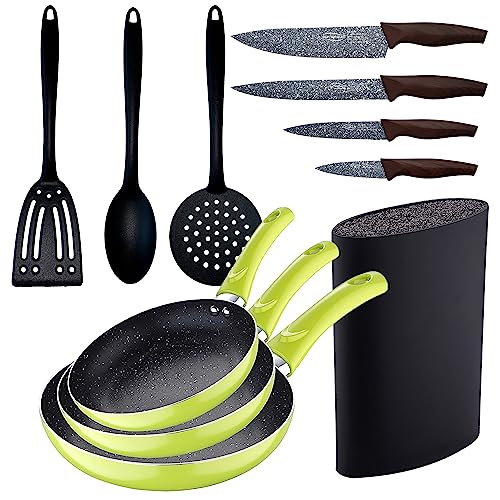 San Ignacio 3-teiliges Pfannen-Set (20 + 24 + 28 cm) grün gepresstes Aluminium mit 3 Küchenutensilien-Set mit 4 Messern aus Edelstahl mit Tachoma/Block C von San Ignacio
