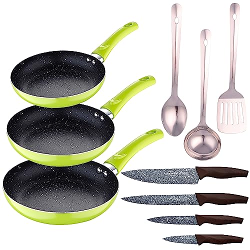 San Ignacio 3-teiliges Pfannen-Set (20 + 24 + 28 cm) grün gepresstes Aluminium mit 3 Stück Küchenutensilien, Edelstahl mit 4 Messern, Edelstahl von San Ignacio