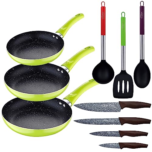 San Ignacio 3-teiliges Pfannen-Set (20 + 24 + 28 cm) grün gepresstes Aluminium mit 3 Stück Küchenutensilien Nylon mit 4 Messern Edelstahl von San Ignacio