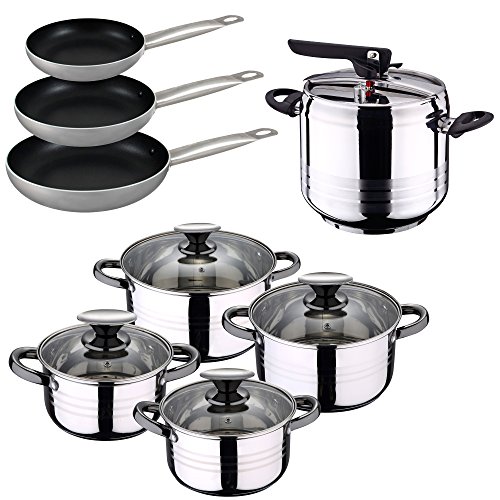 San Ignacio 7 l Schnellkochtopf + Kochbatterie 8 teilig + Set 3 Pfannen Kochgeschirr, Aluminium, Chrom, Einheitsgröße von San Ignacio