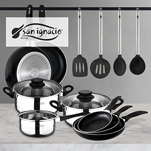 San Ignacio PK332 3 Kochbatterie Küchenutensilien bestehend aus DREI Pfannen 5-teilig + Kochgeschirr Set, Chrom von San Ignacio