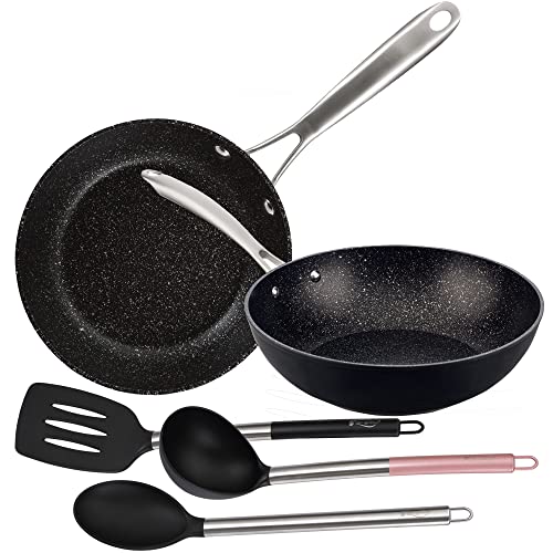 San Ignacio Pfannen-Set 28 x 6,0 cm und Wok 28 x 8,0 cm geschmiedetes Aluminium, induktionsgeeignet, 3-teiliges Kochgeschirr-Set aus Nylon Vita von San Ignacio