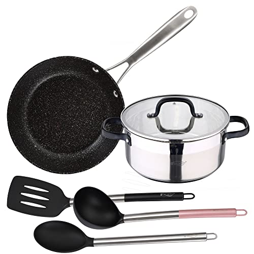 Set Kochtopf 24 x 10,5 cm mit Deckel, Edelstahl + Pfannen 28 x 6 Aluminium geschmiedet induktionsgeeignet + 3 Utensilien aus Nylon SAN IGNACIO VITA von San Ignacio