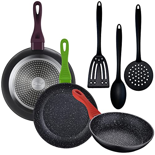 Set mit 3 Pfannen à 20/24/28 cm, geschmiedetes Aluminium + 3-teiliges Kochgeschirr-Set aus Nylon Set mit 3 Pfannen à 20/24/28 cm, geschmiedetes Aluminium + 3-teiliges Kochgeschirr-Set aus Nylon von San Ignacio