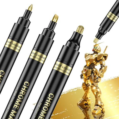 3Pcs Golden Flüssigkeit Spiegel Chrom Marker, Permanent reflektierende Flüssigkeit Chrom Paint Stifte Set, Hochglanz Kunst Auto DIY Modell Reparatur Marker Set für Kunststoff Metall Glas Keramik von San Jeirie