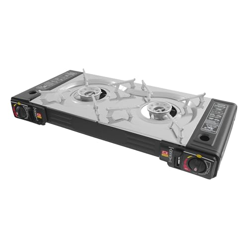 2-in-1 Camping Gasgrill Set Gaskocher 2-flammig mit Grillplatte, Automatischen Piezozündung, Campingkocher für Butan oder Gas 2500W von SanBouSi