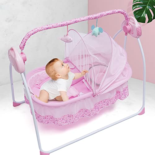 Babywiege Elektrische Babyschaukel mit Mückennetz Baby Stubenwagen Automatik Safe Baby-Wiege mit Musik Sicher Wippe, Rosa von SanBouSi