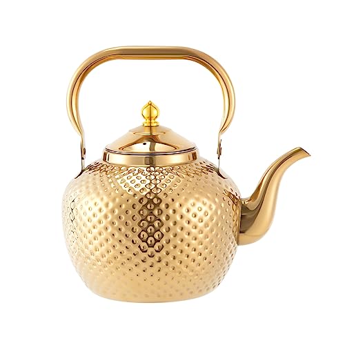 Retro Edelstahl Teekessel mit Siebaufsatz Hitzebeständig Herausnehmbaren Edelstahl Filter Sieb Gold Teekocher Teapot für Induktionsherd Alle Herdarten 2L von SanBouSi