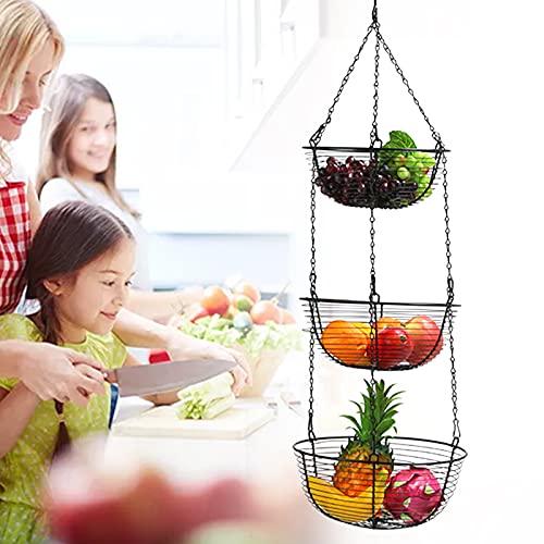 SanBouSi 3 Etagen Obstkorb Hängend Hängekorb Küche aus Robustem Draht Obstkorb zum Aufhängen Obst Hängekorb Boho Hängekörbe, Gemüse Aufbewahrung Organisation Deko, Schwarz von SanBouSi