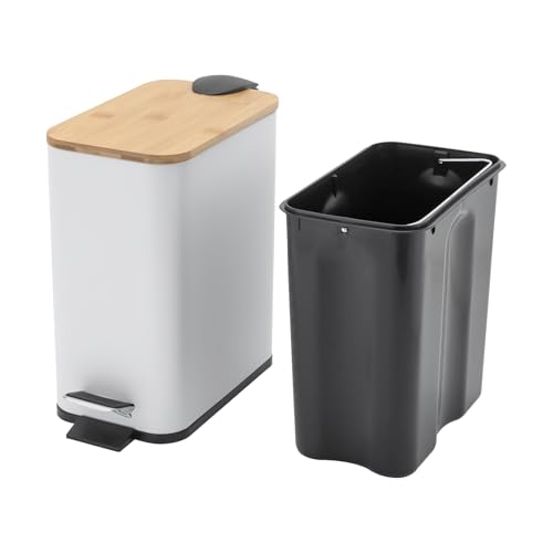 SanBouSi 5 Liter Mülleimer Küche Tretmülleimer Kosmetikeimer mit Absenkautomatik Eleganter Eimer für Bad mit Innenbehälter und Bambus-Holzdeckel (Weiß) von SanBouSi