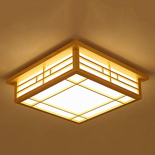 SanBouSi Holz Deckenlampe LED Deckenleuchte Wohnzimmer Retro Lampe Licht Holz Beleuchtung Landhausstil PVC-Schaffellimitat Lampenschirm Deckenleuchten Lamp 24W von SanBouSi