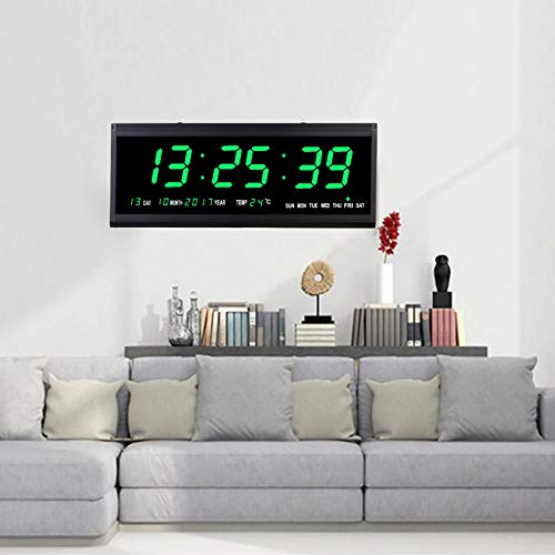 SanBouSi Led Digitale Wanduhr 48cm Kalenderuhr Temperatur Wanduhren Digitaluhr Ziffer Display Tischuhr für Zimmer Küche Büro, EU Stecker (Grün) von SanBouSi