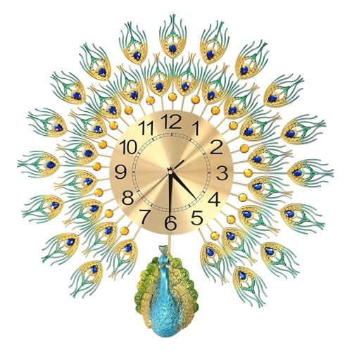 SanBouSi Moderne Wanduhr Groß 3D Pfau Wanduhren mit Metallzifferblatt, Nicht Tickende Leise Digitale Wanduhren Luxus Bunt Wohnkultur Europäische Pfauen Wand Uhr 60cm von SanBouSi