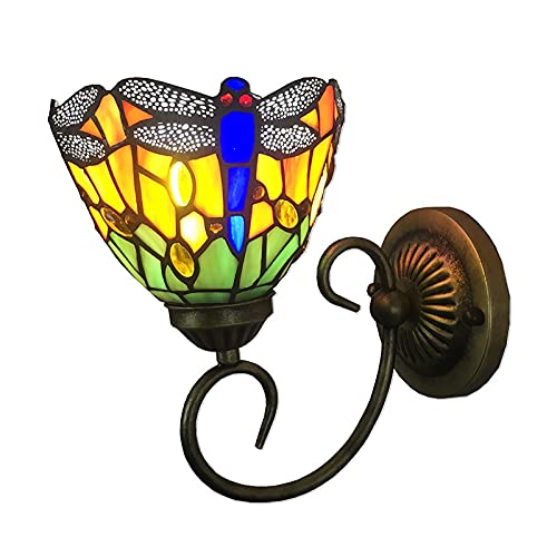 SanBouSi Retro Wandleuchte Tiffany Stil Farbige Glas Lampeschirm Wandlampe Libelle Nachttischlampe Innen für Wohnzimmer Schlafzimmer Treppenhaus E27 von SanBouSi