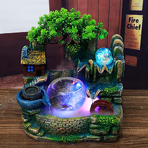 Zimmerbrunnen LED Tisch Zimmer Wasser Farbwechsel Springbrunnen Nebel Tischbrunnen Wasserfall mit Fischbecken und Pflanzen Desktop Simulation Harz Aquarium Wasserbrunnen von SanBouSi