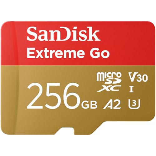 SanDisk Extreme Go microSDXC Karte 256 GB (Für Android Smartphones und Tablets, Action Cams, Drones, UHS-I, bis zu 200 MB/s 5K, 4K UHD, Rescue Pro Deluxe, V30, Class 10, U3) Für Amazon von SanDisk