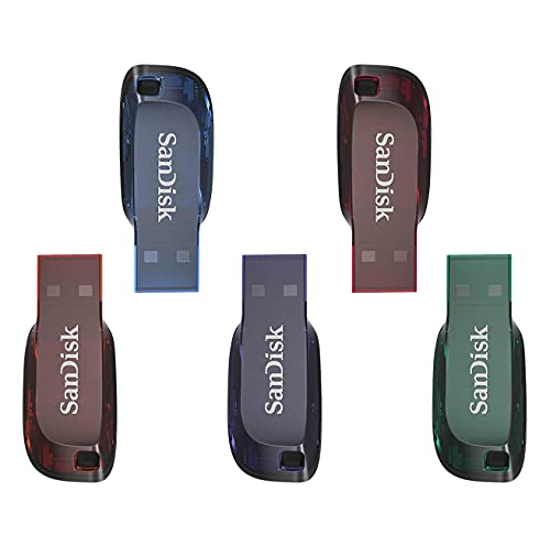 SanDisk Cruzer Blade USB-Flash-Laufwerk 32 GB 5er-Pack (wichtige persönliche Dateien, Musik und Videos sichern, Kennwortschutz, USB 2.0, Schlüsselanhängerfunktion) Lila/Rot/Blau/Grün/Orange von SanDisk