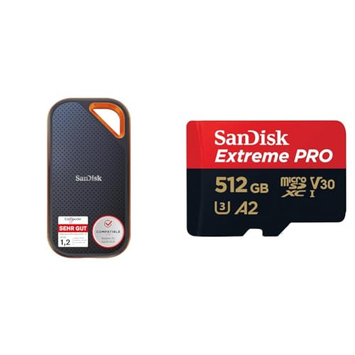 SanDisk Extreme PRO Portable SSD externe SSD 1 TB & Extreme PRO microSDXC UHS-I Speicherkarte 512 GB + Adapter & RescuePRO Deluxe von SanDisk