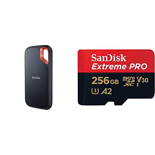 SanDisk Extreme Portable SSD 500 GB Schwarz & Extreme PRO microSDXC UHS-I Speicherkarte 256 GB + Adapter & RescuePRO Deluxe (Für Smartphones, Actionkameras oder Drohnen, A2, Class 10, V30, U3) von SanDisk