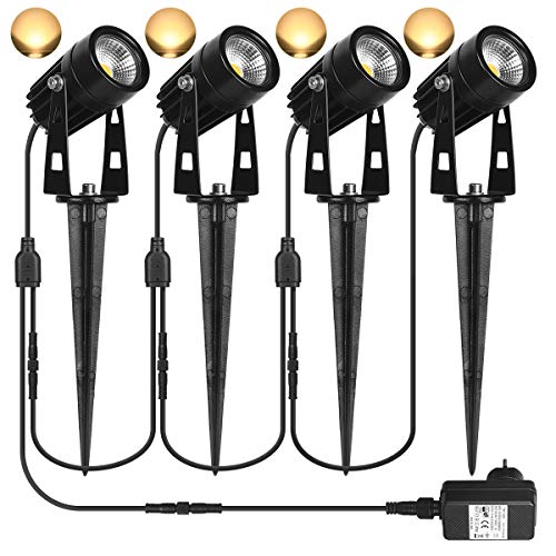 SanGlory Gartenbeleuchtung 4er Set Gartenleuchte mit Erdspieß, 3W LED Gartenstrahler mit Stecker, IP65 Wasserdicht Gartenleuchten mit Kabel, 1440 Lumen Wegbeleuchtung Gartenlampe Warmweiß für Außen von SanGlory