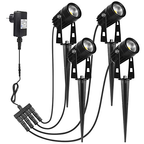 SanGlory Gartenstrahler LED mit Erdspieß, 4 x 3W Gartenleuchten Warmweiß COB LED Gartenbeleuchtung IP65 Wasserdicht LED Lampe Garten mit Stecker für Außen Garten Rasen, 12V von SanGlory