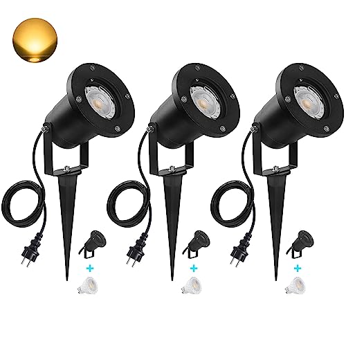 SanGlory 3er Set GU10 LED Gartenstrahler mit Erdspieß, 7W LED Gartenbeleuchtung Warmweiß Außenlampe Metall Gartenleuchte Rasenstrahler Außen-Strahler IP65, LED Strahler 2m Kabel mit Stecker von SanGlory