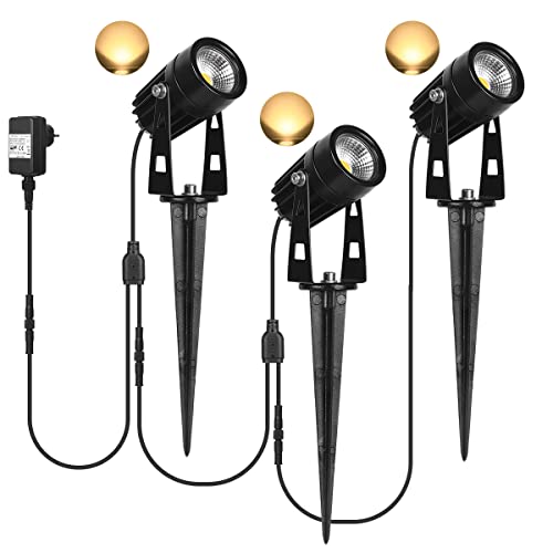 SanGlory 3er Set Gartenstrahler LED mit Erdspieß, 3W LED Gartenleuchte mit Stecker 12V, IP65 Wasserdicht Gartenbeleuchtung LED Warmweiß Außen-Strahler Außenlampe für Garten von SanGlory