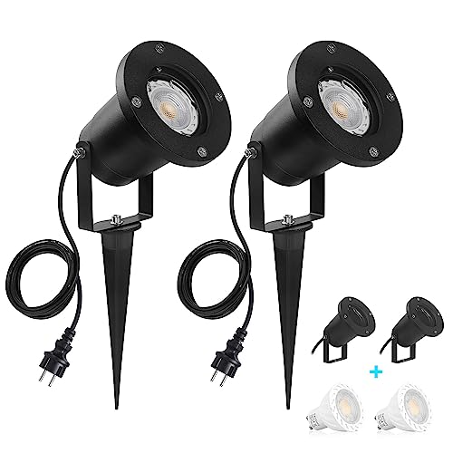 SanGlory 2er Set Gartenleuchte mit Erdspieß,7W GU10 LED Gartenstrahler mit Stecker,IP65 Wasserdicht Gartenbeleuchtung mit 2m Kabel,Warmweiß Außen-Strahler Gartenlampe Außenlampe für Baum,Teich,Garten von SanGlory