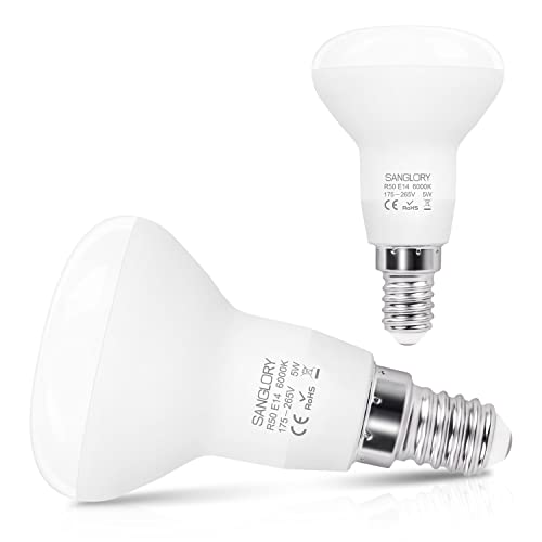 SanGlory E14 LED Lampe 5W Kaltweiss 6000K, 510LM pro Reflektorlampe, entspricht 40Watt Glühbrine, R50 E14 LED Reflektor, 120° Abstrahlwinkel, E14 LED Leuchtmittel, Nicht Dimmbar, 2er Pack von SanGlory