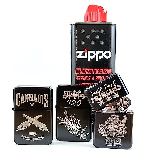 3 x Benzinfeuerzeug schwarz mit Motiv + Zippo Feuerzeugbenzin … (Cannabis 420) von SanJuve