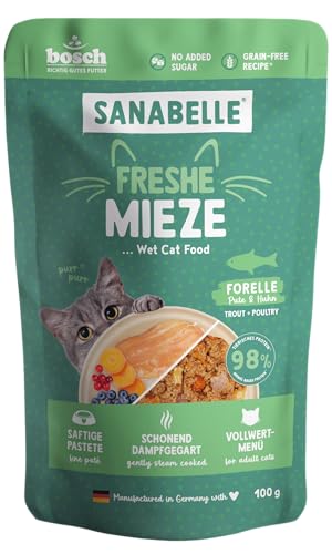 Sanabelle Freshe Mieze - Forelle, Pute & Huhn | 100 g Beutel voll recyclingfähig | Dampfgegartes Nassfutter für Katzen | Katzenfutter wie frisch gekocht | Eine Marke von Bosch Tiernahrung Sanabelle Freshe Mieze - Forelle, Pute & Huhn | 100 g Beutel voll recyclingfähig | Dampfgegartes Nassfutter für Katzen | Katzenfutter wie frisch gekocht | Eine Marke von Bosch Tiernahrung von Sanabelle
