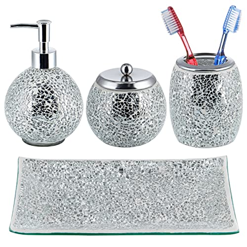 Sanbege Mosaik Glas Badezimmer Zubehör Set, modernes Luxus-Bade-Ensemble, inklusive Seifenspender, Wattestäbchen, Zahnbürstenhalter & Schminktablett (glänzendes Silber) von Sanbege
