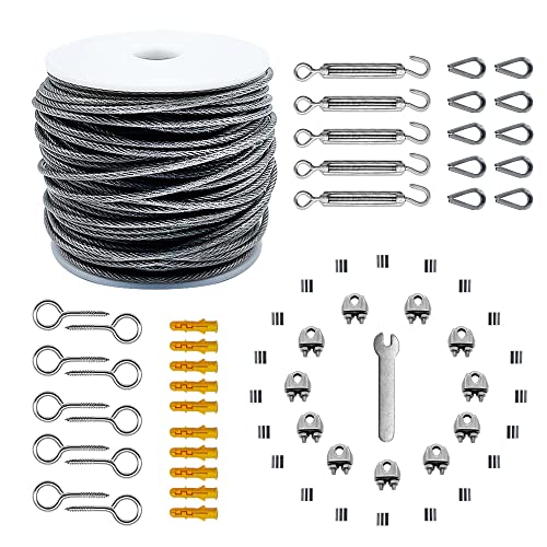 30M Rankhilfe Drahtseil 304-Edelstahl Stahlseil, PVC-ummantelt 2mm Stahldraht 1.5mm 5x Spannschloss M5Haken Öse, 10x Kausche, 10x Drahtseilklemmen, 10x Ösenschraube, 10xAusdehnungsrohr, 67 tlg. von Sanbeiga