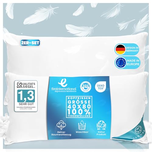 Sandaro Home Kissen 40x80 2er Set Daunen - 3 Kammern daunen kopfkissen 40x80 (750gramm) Öko-Tex Zertifiziert Naturprodukt in reinem Baumwollbezug allergiker - Ultra-Komfort-Kissen von Sandaro Home