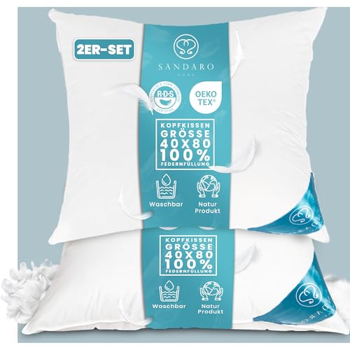 Sandaro Home Kopfkissen 80x80 2er Set | Federkissen 80 x 80 cm mit 100% natürlichen Federfüllungen, Federkopfkissen 80x80 Set mit Gänsefedernfüllung im Baumwollbezug, Öko-Tex Zertifiziert (2000) von Sandaro Home