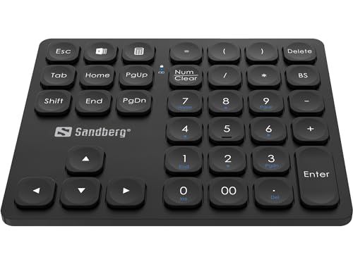 Sandberg Wireless Numeric Keypad Pro, Numerische Tastatur, 36 Leise Tasten, Drahtloser Ziffernblock, Plug & Play, Wiederaufladbar, Numerische Bluetooth-Tastatur, Büro Heimarbeit Studium, Für Windows von Sandberg