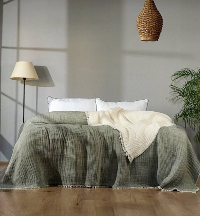 Wohndecke Premium Musselin Schlafdecke Double Face Olivgrün/Beige, Sandiik, Super Weich, Kühlend & Wärmend von Sandiik
