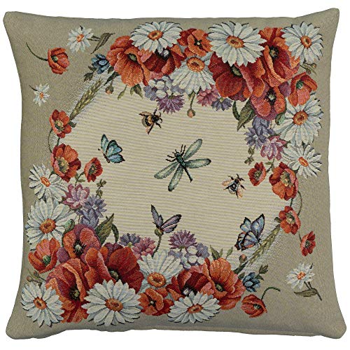 Sandner Kissenhülle 45x45 cm Wildmohn Sofakissen Dekokissen Kissenbezug Gewebt Ornamentblumen von Sandner