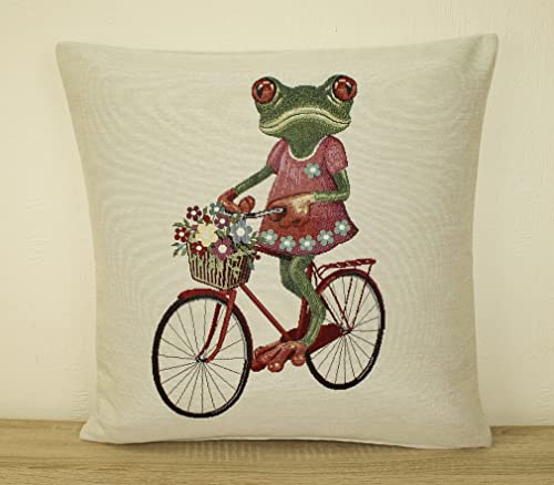 Sandner Kissenhülle Gobelin Frosch - Radfahrer 45 x 45 cm Kissenbezug Sofakissen Dekokissen, 1 Stück, Beige, Grün, Rot von Sandner