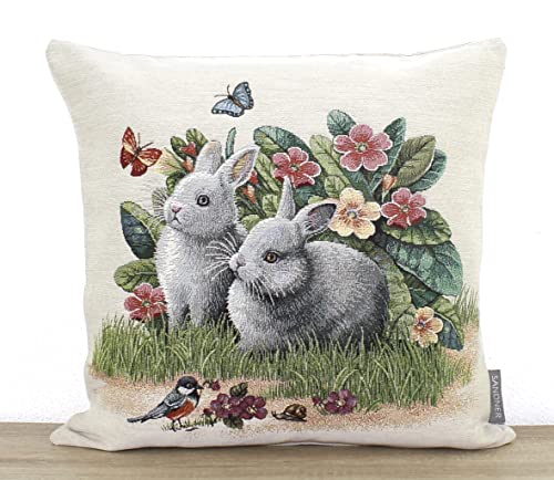 Sandner Kissenhülle Gobelin Tiermotive - Häslein 45 x 45 cm Kissenbezug Sofakissen Dekokissen, 1 Stück von Sandner