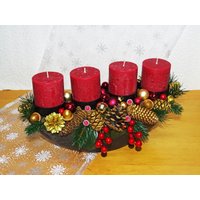 Adventskranz Länglich/Advents-Gesteck Künstlich Rot Gold in Grauer Schale von SandrasKreativStube