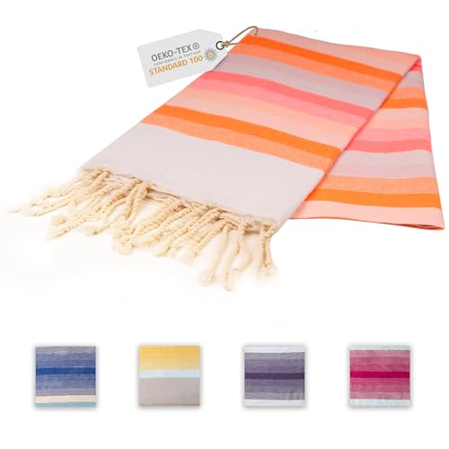 Sandrella | Hamamtuch | Recycelte Baumwolle | Sauna-, Strand-, Dusch-, Bade- & Yogatuch | 90x170cm | Gestreift – Orange/Rosa/Pink/Weiß von Sandrella