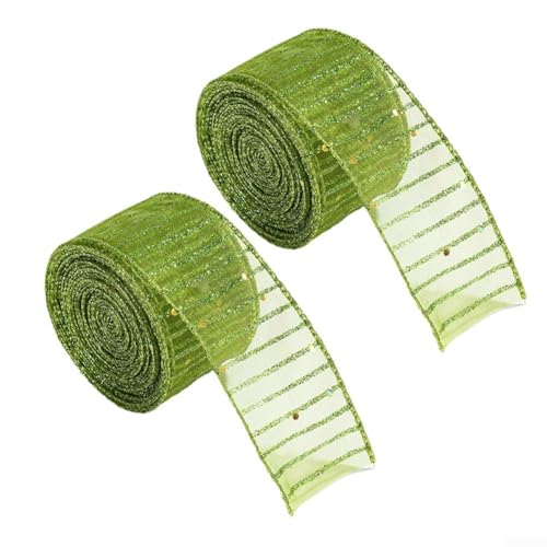 Durchsichtiges Organzaband mit Drahtrand und Glitzer-Finish für Urlaubsbasteln, Blumenarrangements und Baumdekorationen, 2 Rollen (grün) von Sandyseptember