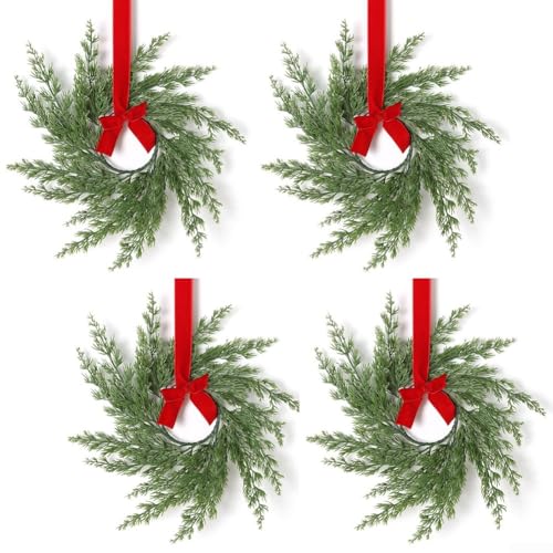 Mini Kranz 4er Set für Weihnachten mit roten Beeren und Büffel Plaid Schleife für Haus, Küche und Schrank Dekoration (2) von Sandyseptember