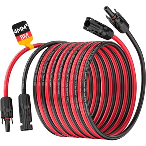 Sandyseptember 2 Pack 8m Solar Verlängerungskabel 4mm² 12AWG mit vorinstallierten Steckdosen IP68 Wasserdicht verzinntes Kupfer für Solarpanel Anschluss Rot und Schwarz von Sandyseptember