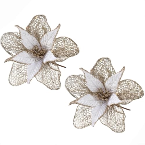 Sandyseptember Stoff-Weihnachtsblumen-Dekoration, 2er-Set mit Glitzer-Finish, geeignet für Baum, Kranz, Tisch und Hochzeit (helles warmes Gold) von Sandyseptember