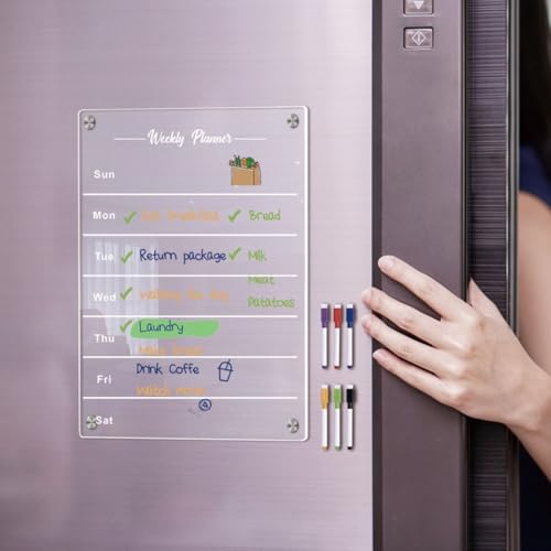 Transparente Acryl-Magnet-Kühlschrank-Kalendertafel mit löschbarer für Wochenplanung und Memos, inklusive magnetischen Whiteboard-Stiften, die schnell trocknen und sauber löschen von Sandyseptember